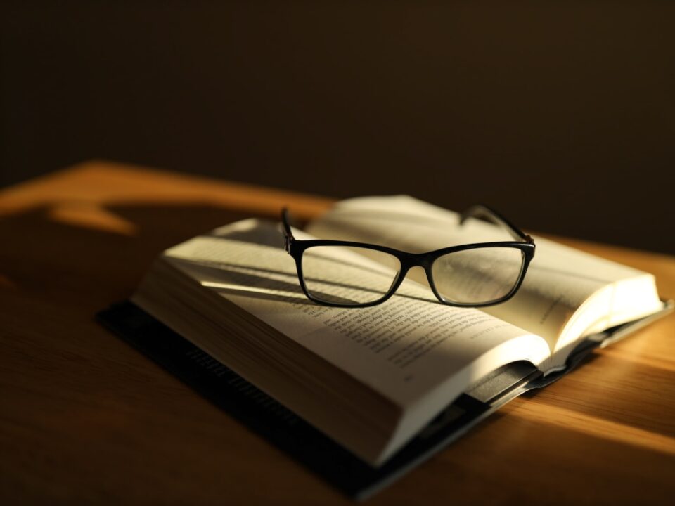 black framed eyeglasses on book page