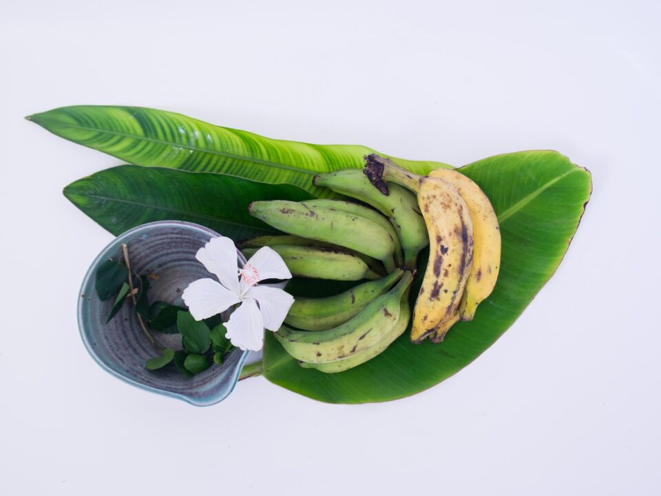 ripe and unriped bananas on banana leaf