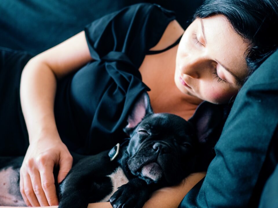 woman and black French bulldog sleeping on sofa