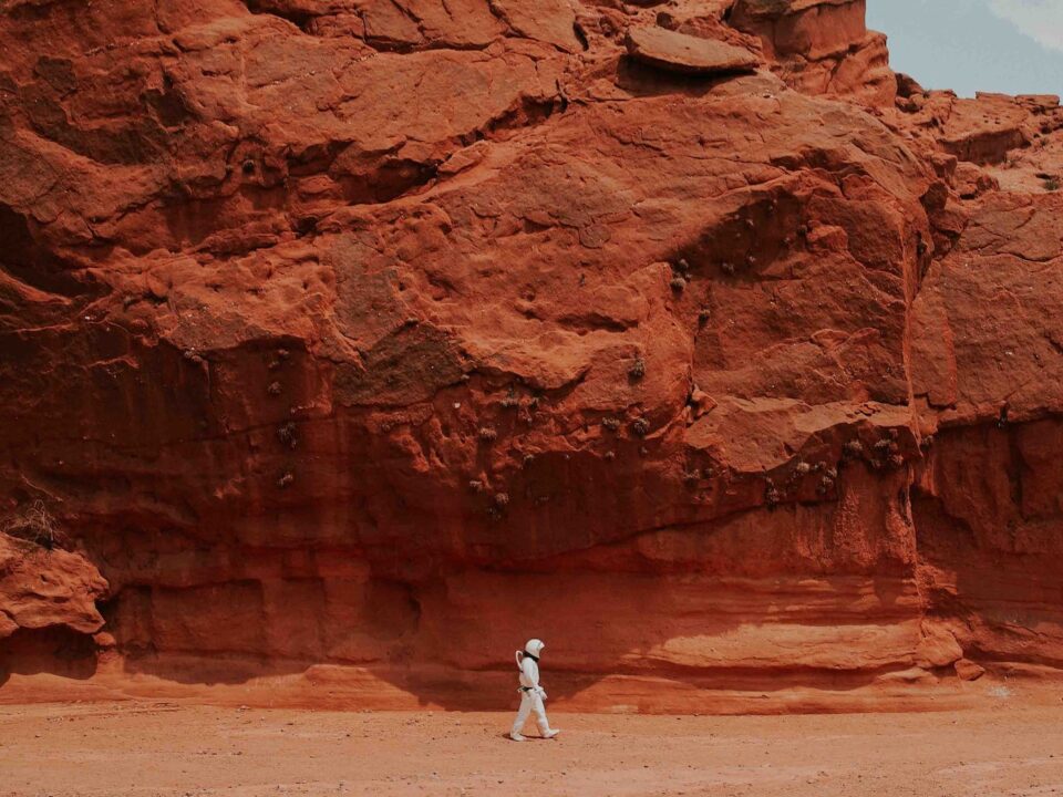 person walking near brown rock