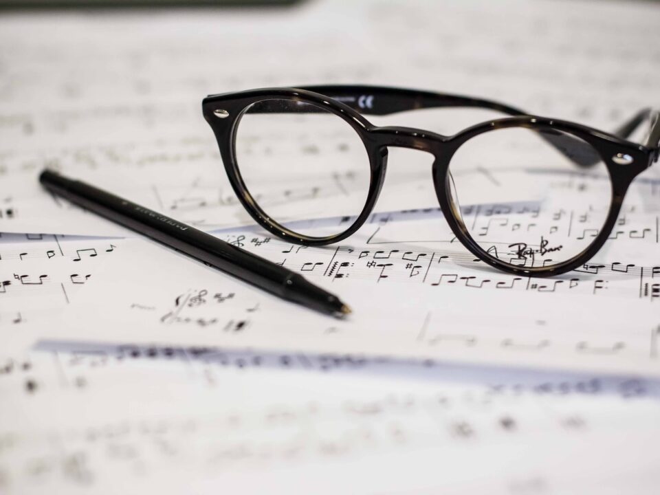 black framed panto-style eyeglasses beside black ballpoint pen