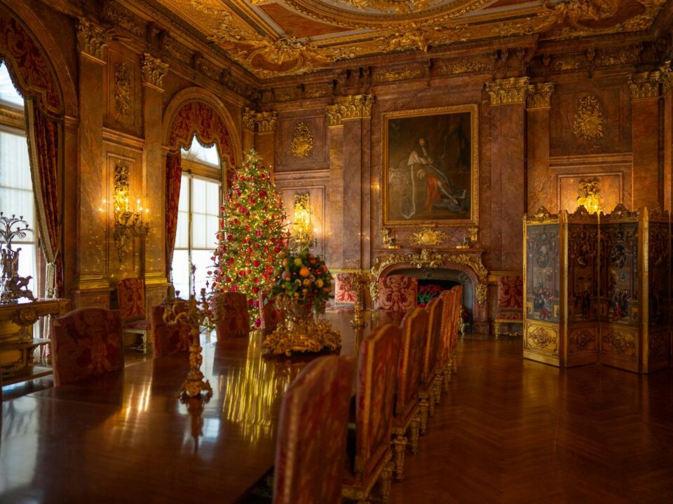 a large room with a christmas tree