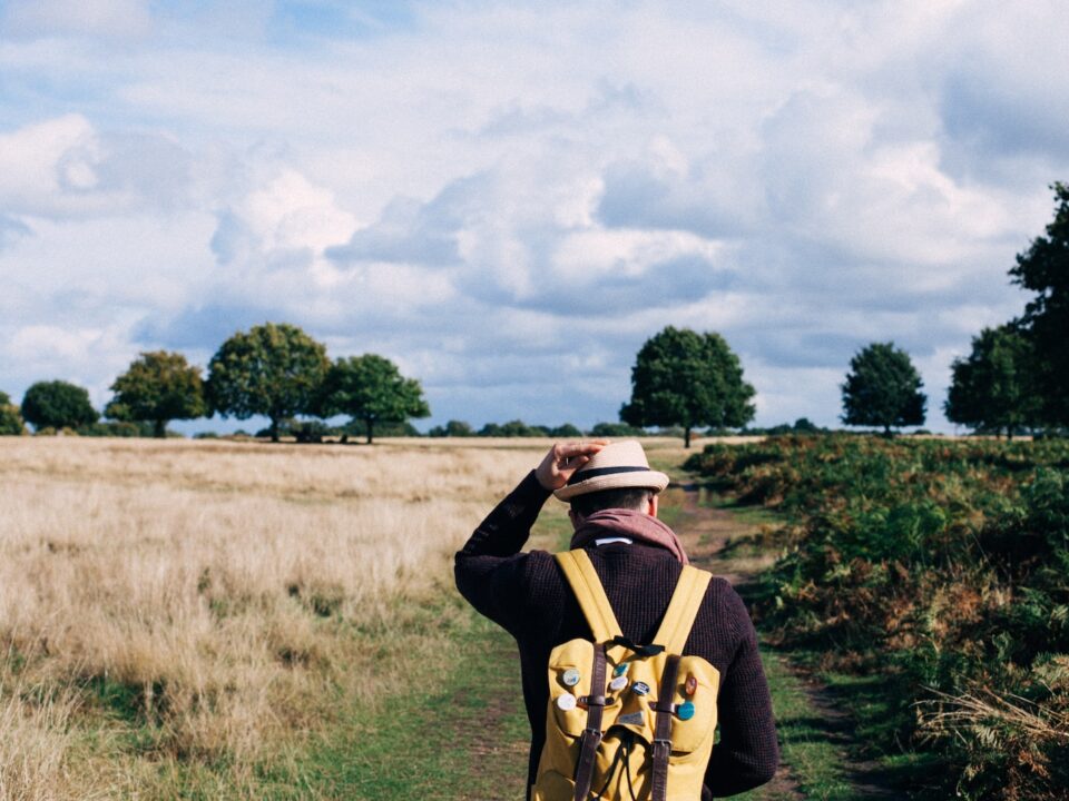 man holding fedora cap while walking on green and beige grass field under white clouds