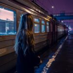 woman standing beside gray train