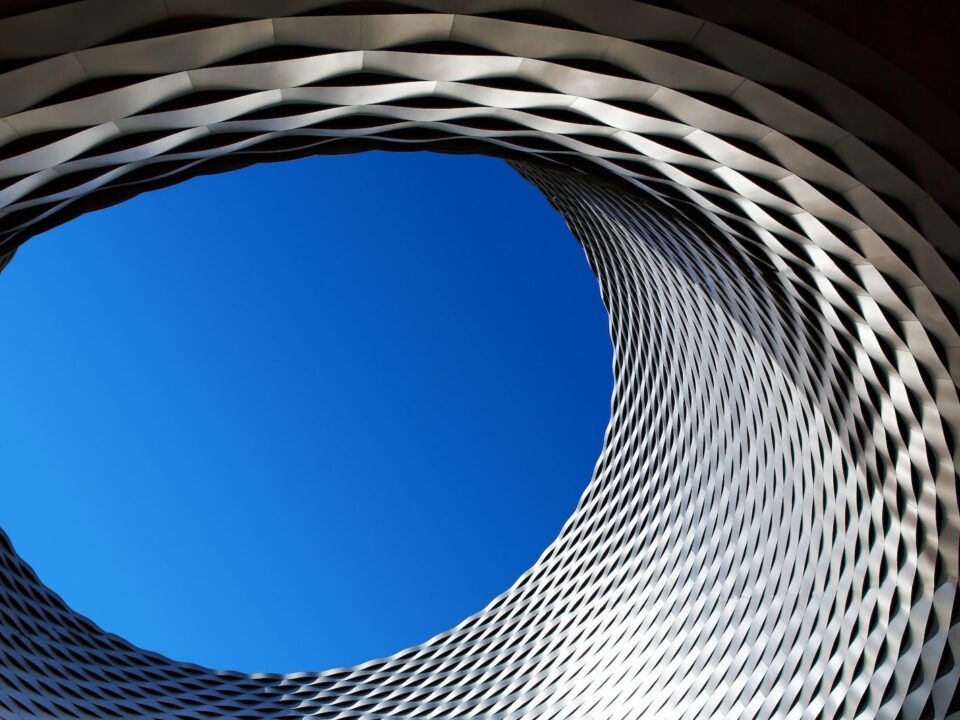 The undulating geometrical facade at the convention center in Messeplatz.