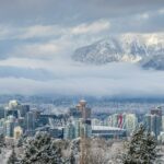 a city with snow covered mountains