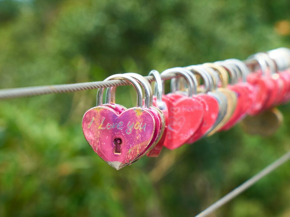 red and gold padlock on gray metal wire
