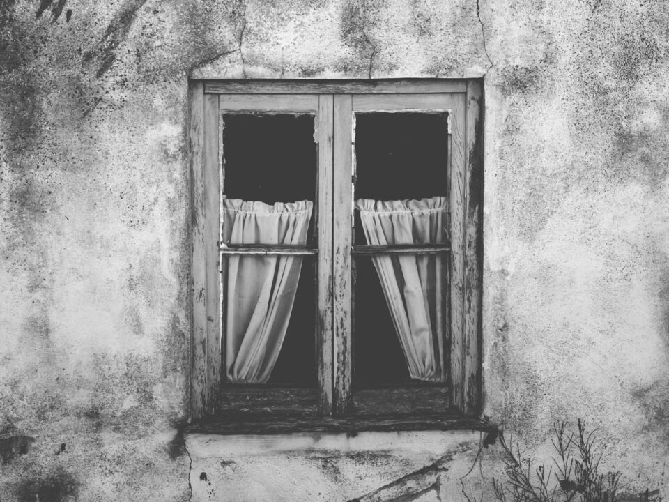 grayscale photo of closed window