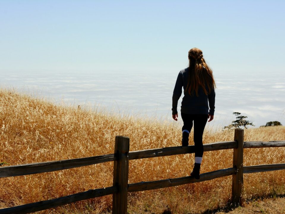 woman jump on brown fence