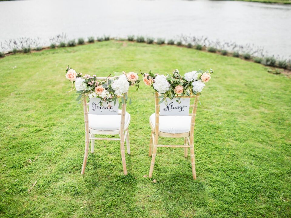 two decorative chairs on grass field near body of water
